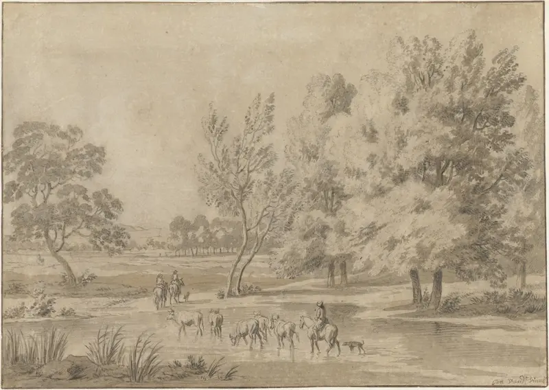 Landschap met bomen, ruiters en enkele koeien in een drenkplaats Wall Art by Unknown - High-Resolution Digital Print