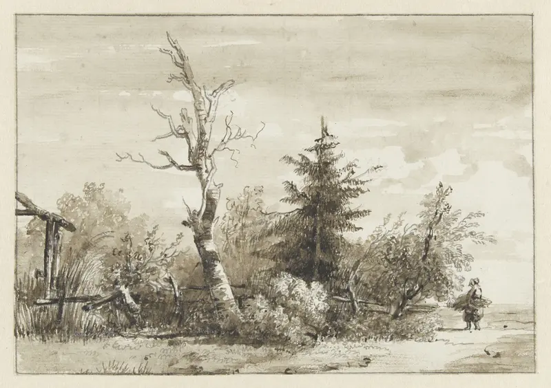 Landschap met bomengroep en rechts een sprokkelaarster Wall Art by Jan Apeldoorn - High-Resolution Digital Print