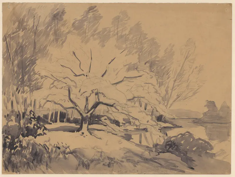 Landschap met brede boom in het midden, rechts een vijver Wall Art by Egbert Rubertus Derk Schaap - High-Resolution Digital Print