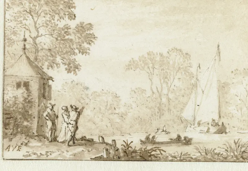 Landschap met drie figuren aan de oever van een water Wall Art by Allaert van Everdingen - High-Resolution Digital Print