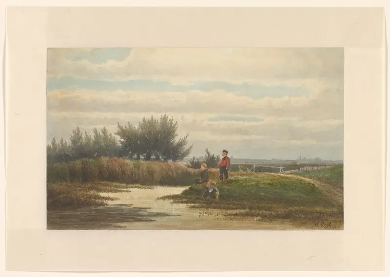 Landschap met drie jongens aan een waterkant Wall Art by Unknown - High-Resolution Digital Print
