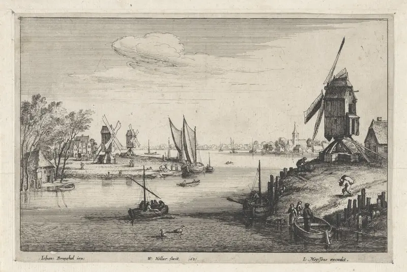 Landschap met drie windmolens langs een rivier Wall Art by Unknown - High-Resolution Digital Print