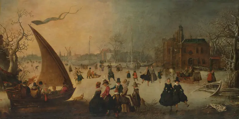 Landschap met een bevroren gracht, schaatsers en een ijsschuit Wall Art by Unknown - High-Resolution Digital Print