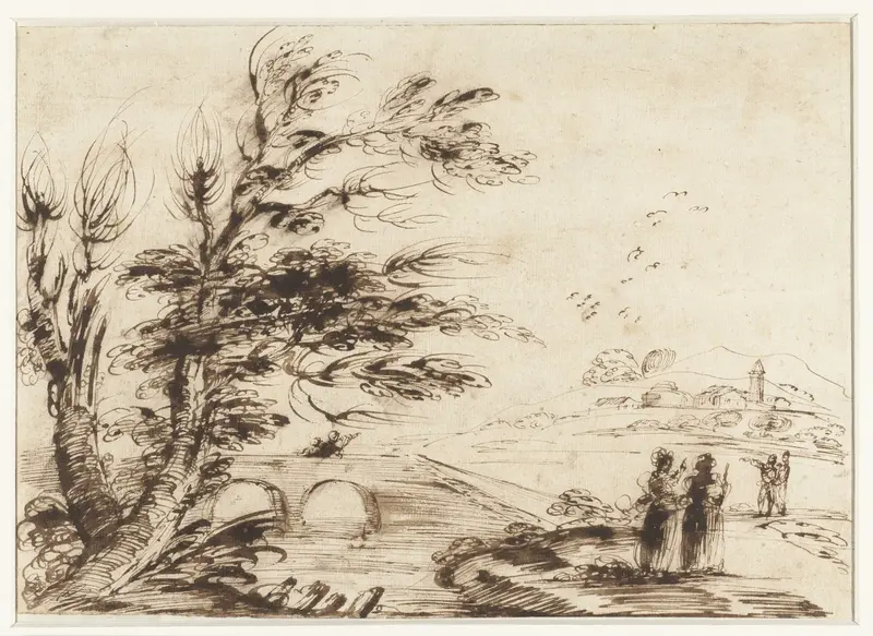Landschap met een brug en enkele figuren Wall Art by Unknown - High-Resolution Digital Print