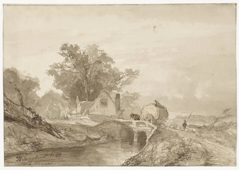Landschap met een brug met daarop een hooiwagen Wall Art by Johan Barthold Jongkind - High-Resolution Digital Print