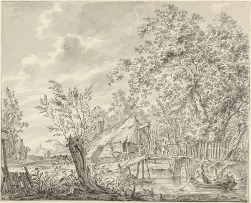 Landschap met een bruggetje en een vrouw in een bootje Wall Art by Johannes Jelgerhuis - High-Resolution Digital Print