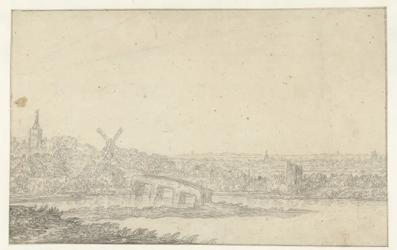 Landschap met een dorp en een stenen brug Wall Art by Unknown - High-Resolution Digital Print