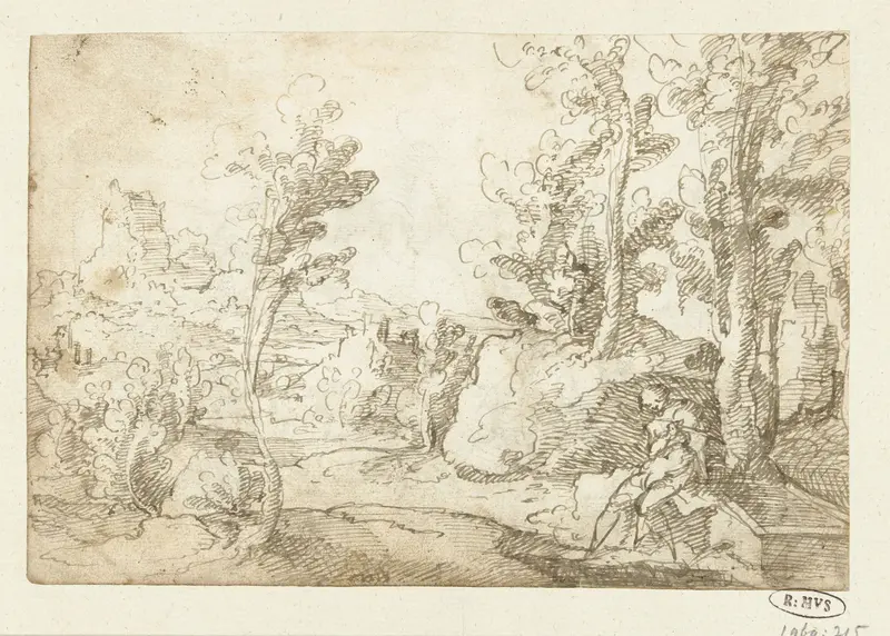 Landschap met een figuur zittend bij een waterput Wall Art by Unknown - High-Resolution Digital Print