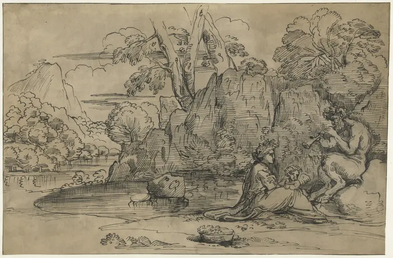 Landschap met een fluitspelende sater, vrouw en putto Wall Art by Unknown - High-Resolution Digital Print
