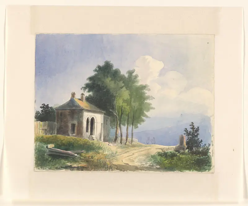 Landschap met een gebouw en grenspaal langs een weg Wall Art by Johannes van Reijn - High-Resolution Digital Print
