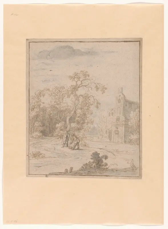 Landschap met een gebouw en twee mannen bij een mand Wall Art by Philips Huygens - High-Resolution Digital Print