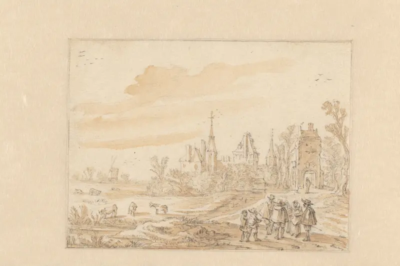 Landschap met een groep personen en een kasteel Wall Art by Unknown - High-Resolution Digital Print