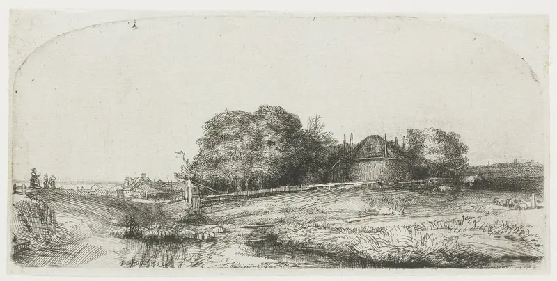 Landschap met een hooimijt en een kudde schapen Wall Art by Unknown - High-Resolution Digital Print