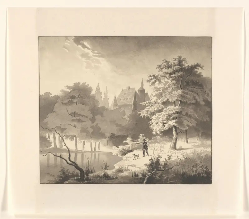Landschap met een kasteel en jager met hond Wall Art by Johannes van Reijn - High-Resolution Digital Print