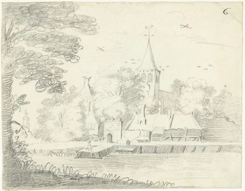 Landschap met een kerk achter huizen langs een rivier Wall Art by Unknown - High-Resolution Digital Print