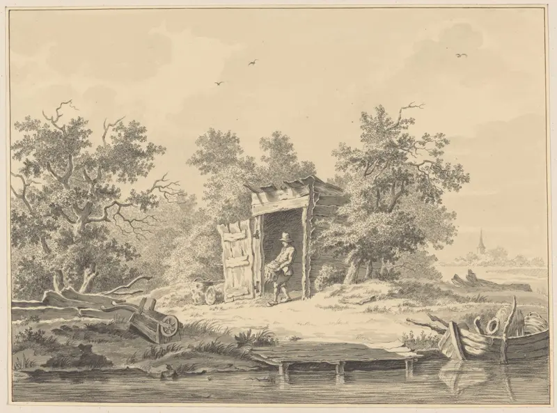 Landschap met een man die uit een schuur komt Wall Art by Johannes Petrus Waterloo - High-Resolution Digital Print