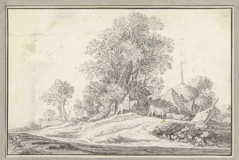 Landschap met een ruiter en koeien voor een boomgroep Wall Art by anonymous - High-Resolution Digital Print