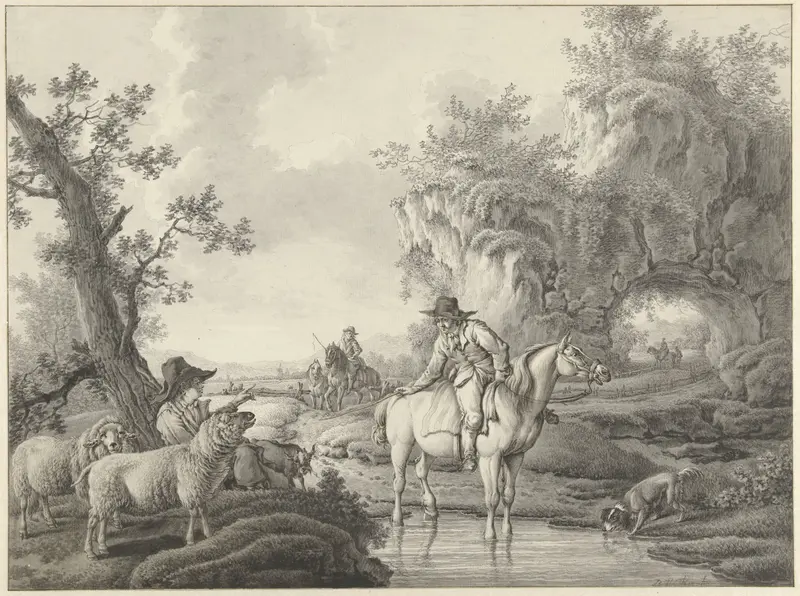 Landschap met een schaapherder en een ruiter bij een poel Wall Art by Unknown - High-Resolution Digital Print