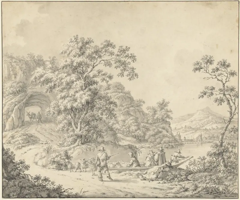 Landschap met een schuitje waarin een schapenherder met zijn kudde Wall Art by Unknown - High-Resolution Digital Print