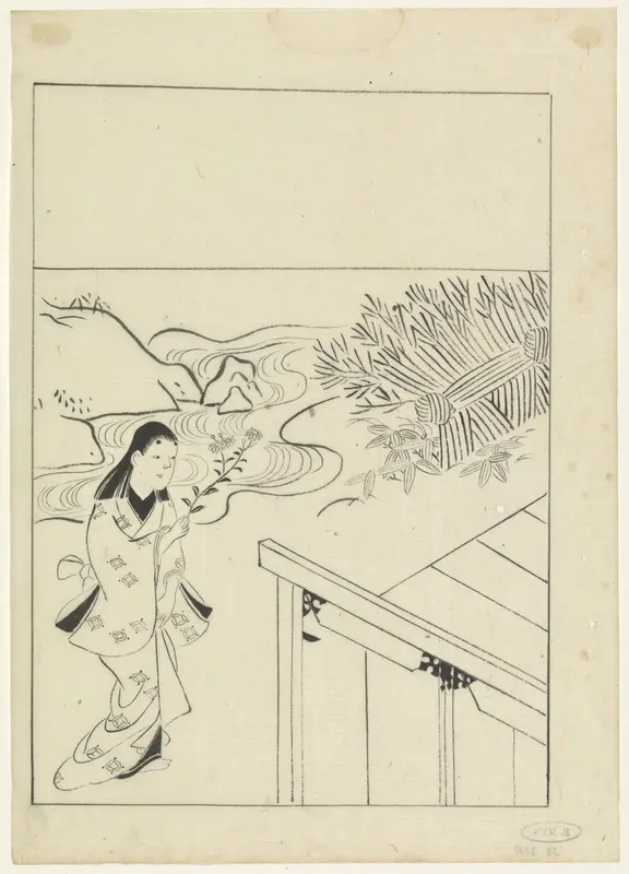 Landschap met een vrouw met een tak bloemen in de hand Wall Art by Hishikawa Moronobu - High-Resolution Digital Print