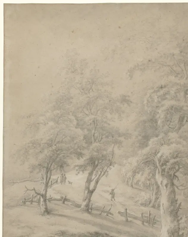 Landschap met enkele figuren op een weg achter een hek Wall Art by anonymous - High-Resolution Digital Print
