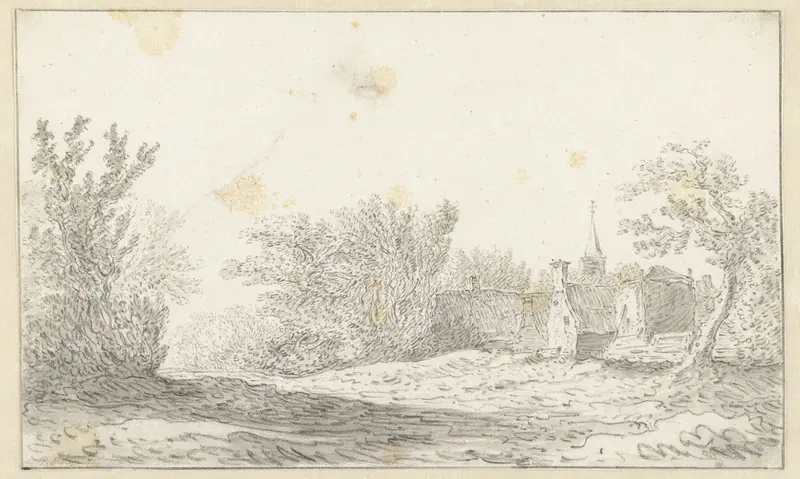 Landschap met enkele huizen en kerktoren van een dorp Wall Art by Unknown - High-Resolution Digital Print