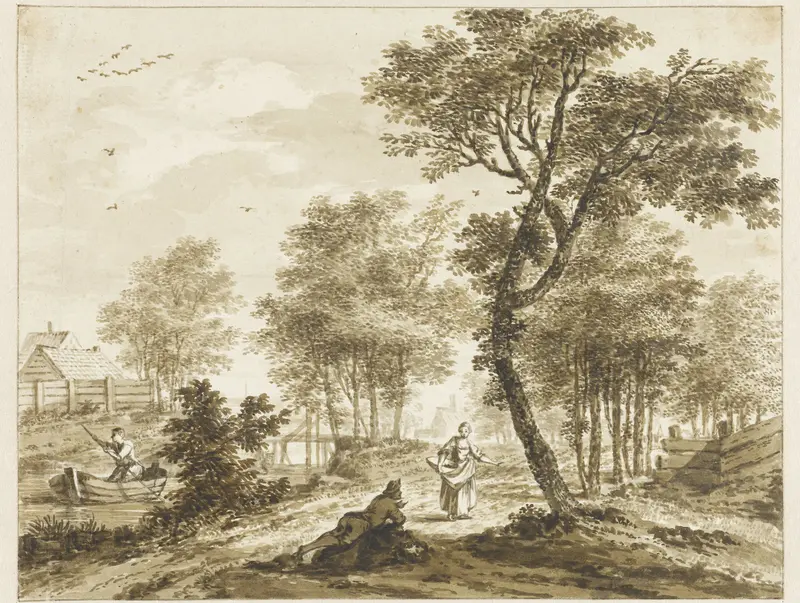 Landschap met figuren en links een man in een punter Wall Art by Bartholomeus Barbiers - High-Resolution Digital Print