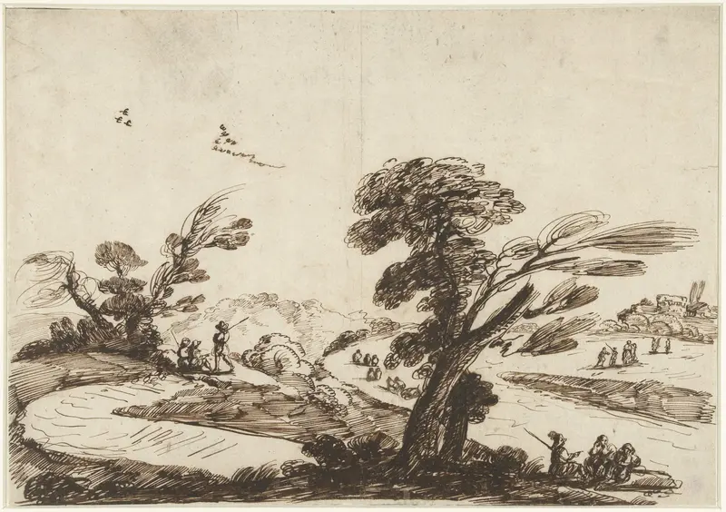 Landschap met figuren en op de voorgrond een grote wilg Wall Art by Unknown - High-Resolution Digital Print