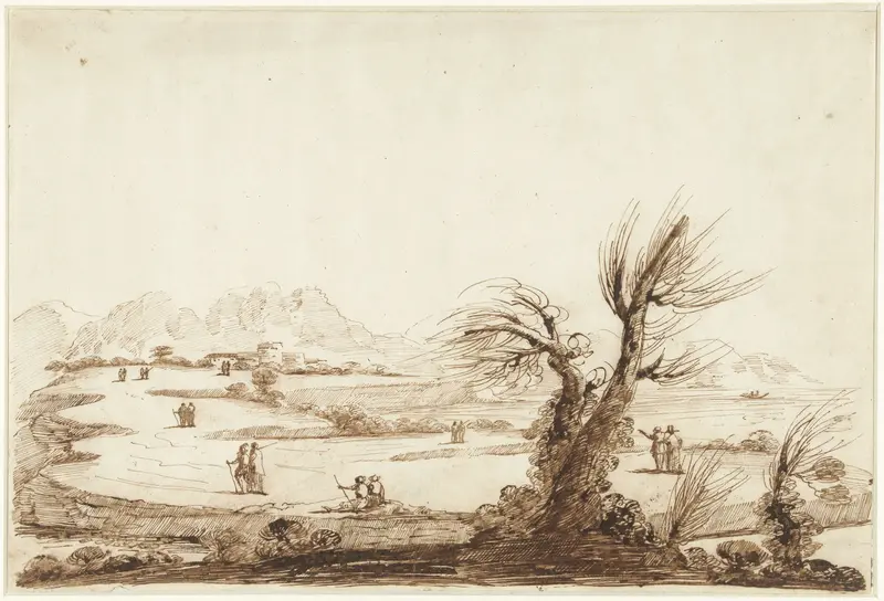 Landschap met figuren en op de voorgrond een kale wilg Wall Art by Unknown - High-Resolution Digital Print
