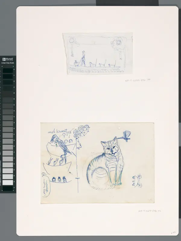 Landschap met figuur achter wandelwagen en drie katten Wall Art by Willem Westbroek - High-Resolution Digital Print