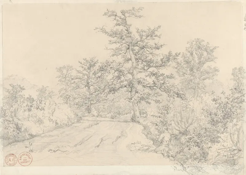 Landschap met geknielde man op de voorgrond Wall Art by Jacques Raymond Brascassat - High-Resolution Digital Print