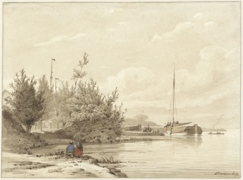 Landschap met gemeerde boten aan een rivieroever Wall Art by Unknown - High-Resolution Digital Print