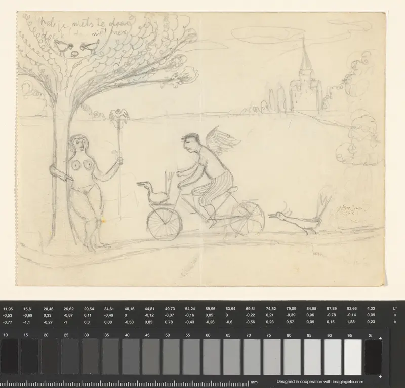 Landschap met gevleugelde man op een fiets bij een naakte vrouw met staf in haar handen Wall Art by Willem Westbroek - High-Resolution Digital Print
