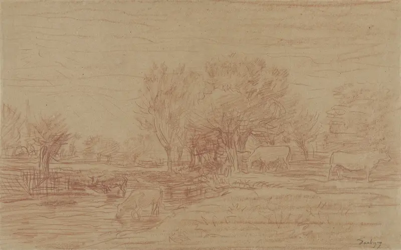 Landschap met grazende en drinkende koeien en een toekijkende stier Wall Art by Charles-François Daubigny - High-Resolution Digital Print
