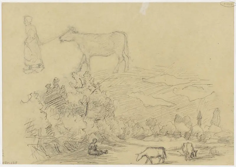 Landschap met grazende koeien en vrouw met een koe