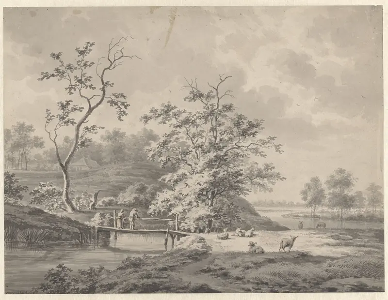 Landschap met hengelaar en vrouw op een houten bruggetje Wall Art by Gerrit Hendrik Gobell - High-Resolution Digital Print