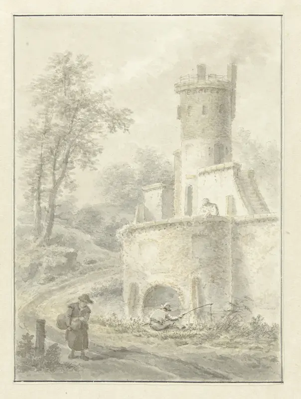 Landschap met hengelaar en wandelende vrouw bij een vestingtoren Wall Art by Pieter Pietersz. Barbiers - High-Resolution Digital Print