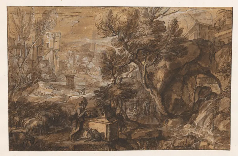 Landschap met herder bij antieke sarcofaag Wall Art by Unknown - High-Resolution Digital Print