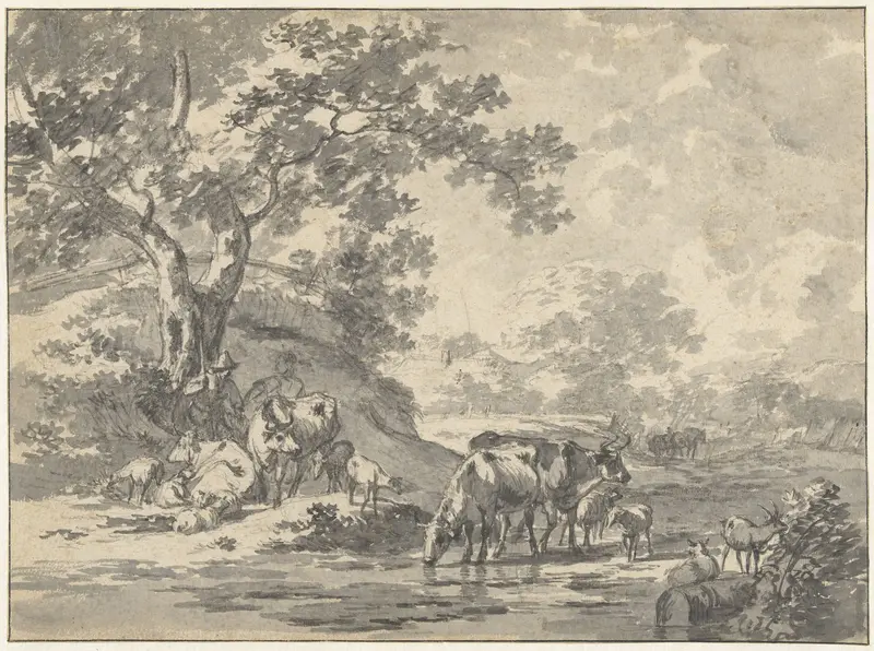 Landschap met herder en vee onder boom bij water Wall Art by Jacob Cats (1741-1799) - High-Resolution Digital Print