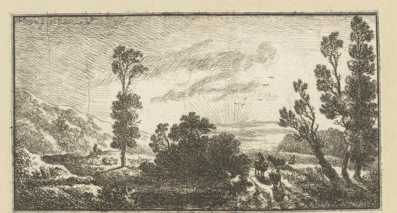 Landschap met herders en vee bij zonsondergang Wall Art by Unknown artist - High-Resolution Digital Print