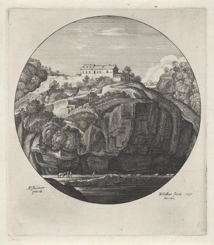 Landschap met huis bij steile rotsen Wall Art by Wenceslaus Hollar - High-Resolution Digital Print