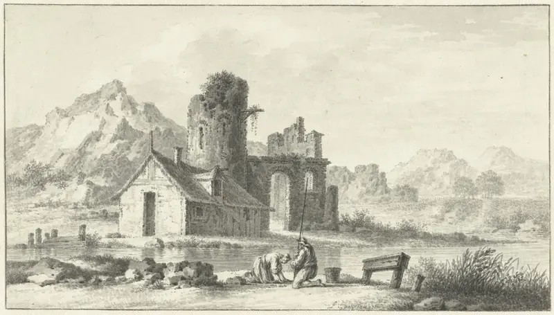 Landschap met huis voor ruïne en op de voorgrond twee figuren Wall Art by Louis E.F. Garreau - High-Resolution Digital Print