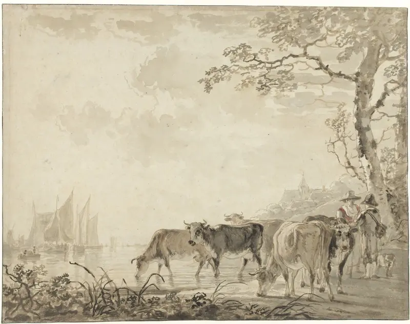 Landschap met koeien bij een rivier met schepen Wall Art by Jacob van Strij - High-Resolution Digital Print