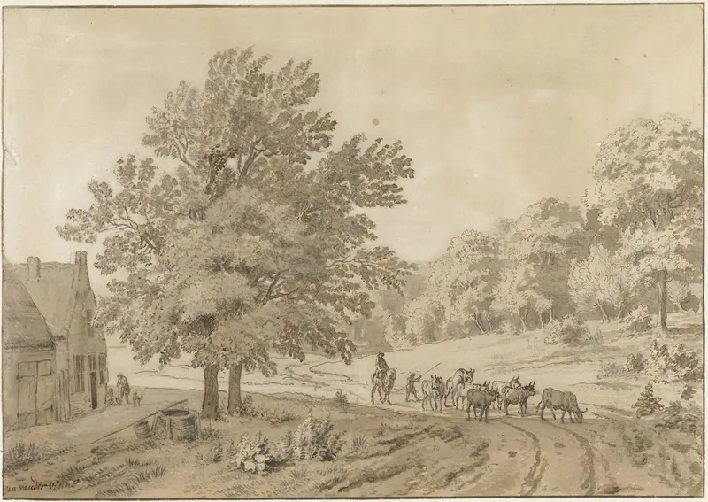 Landschap met koeien op een zandweg en een boerderij met waterput Wall Art by Unknown - High-Resolution Digital Print