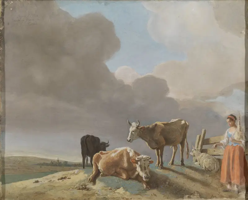 Landschap met koeien, schapen en herderin, gewijzigde kopie naar een schilderij van Paulus Potter, de herderin gekopieerd van een schilderij van Karel Dujardin (recto); onvoltooid portret van een man (verso) Wall Art by Jean-Etienne Liotard - High-Resolution Digital Print