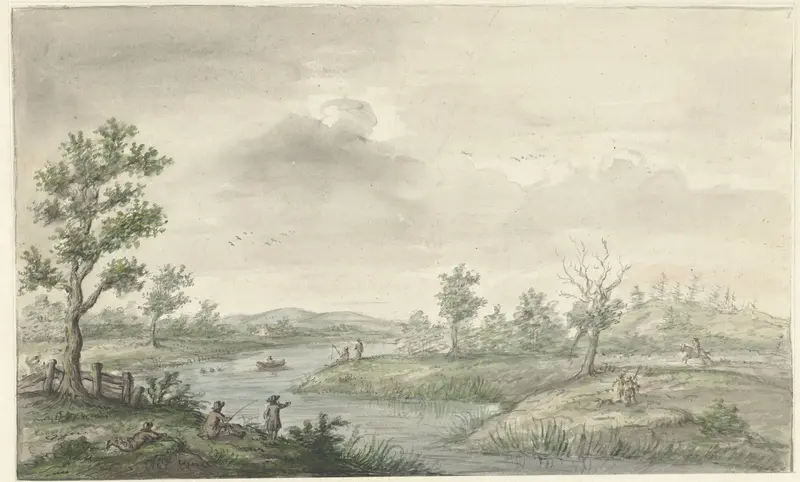 Landschap met kronkelende rivier en hengelaars Wall Art by Unknown - High-Resolution Digital Print