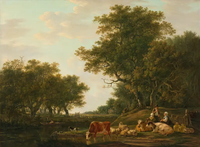 Landschap met landlieden bij hun vee en hengelaars op het water Wall Art by Jacob van Strij - High-Resolution Digital Print