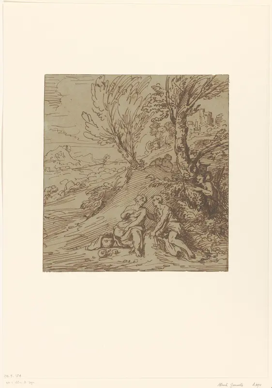 Landschap met liefdespaar bespiedt door saters Wall Art by Abraham Genoels - High-Resolution Digital Print