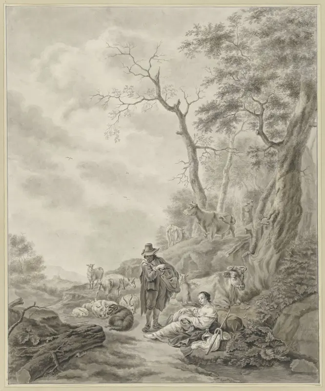 Landschap met liereman bij herderin en vee Wall Art by Abraham Delfos - High-Resolution Digital Print