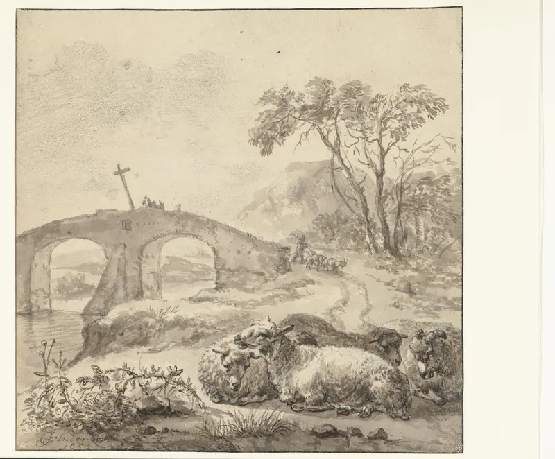 Landschap met liggende schapen en stenen brug Wall Art by Jacob van der Does (I) - High-Resolution Digital Print